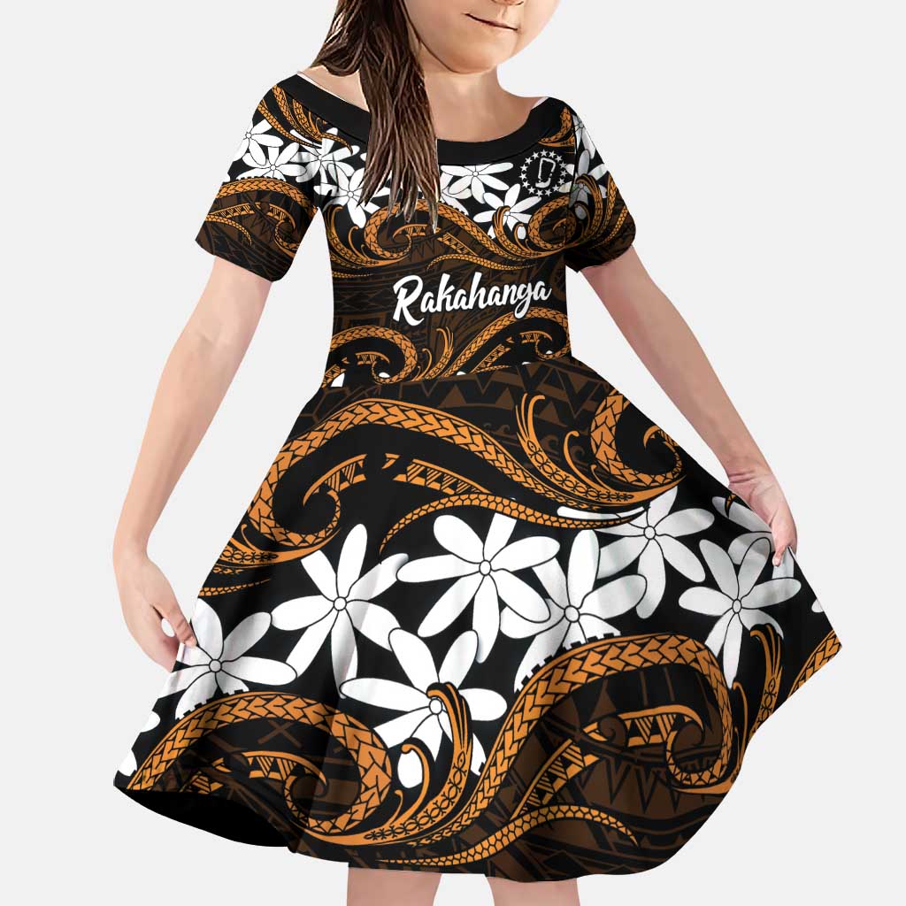 Personalised Cook Islands Rakahanga Family Matching Summer Maxi Dress and Hawaiian Shirt Tiare Maori Polynesian Waves Tattoo LT14 Daughter's Dress Orange - Polynesian Pride