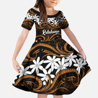 Personalised Cook Islands Rakahanga Kid Short Sleeve Dress Tiare Maori Polynesian Waves Tattoo