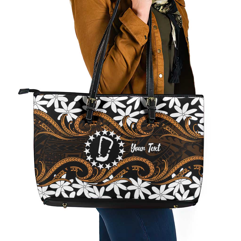 Personalised Cook Islands Rakahanga Leather Tote Bag Tiare Maori Polynesian Waves Tattoo