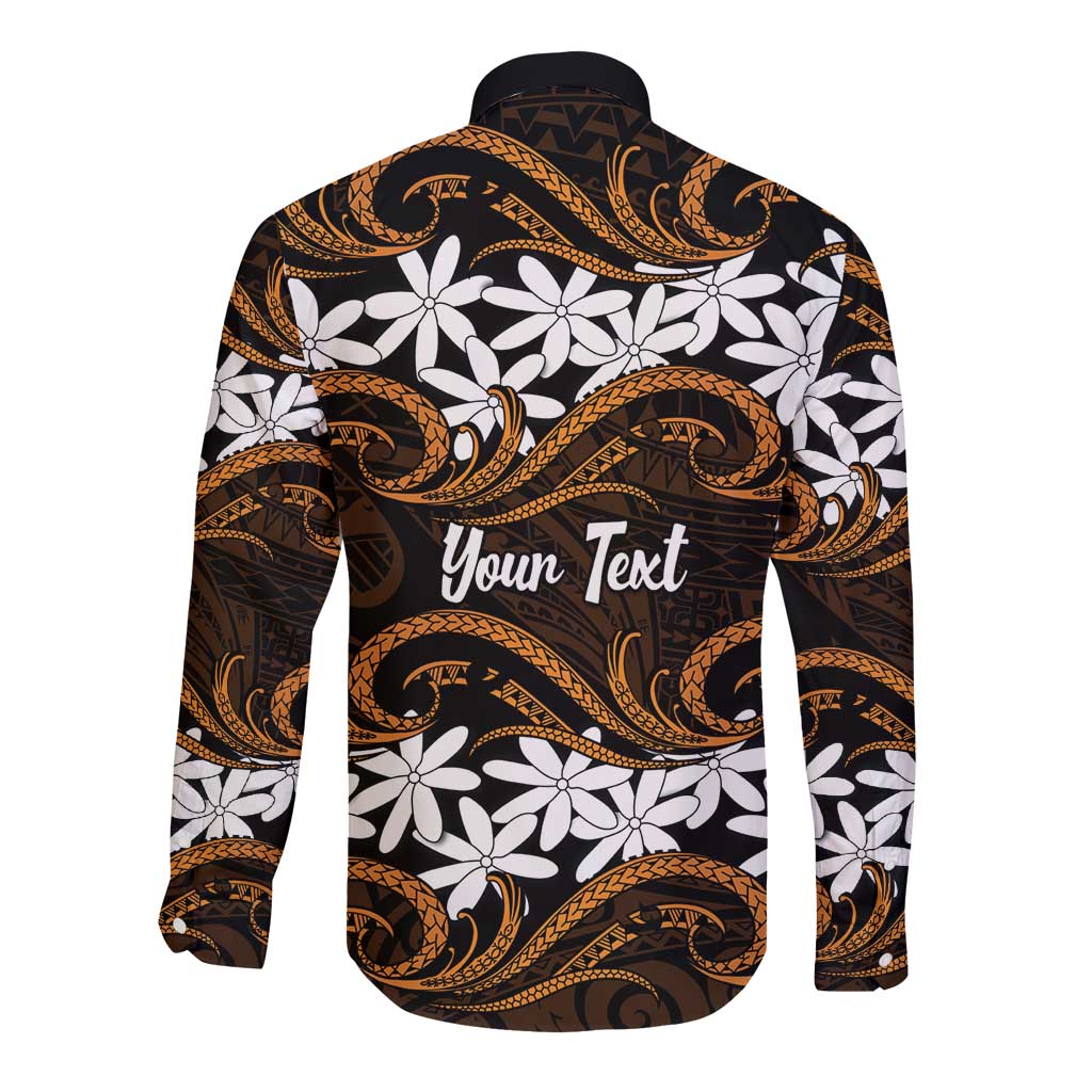 Personalised Cook Islands Rakahanga Long Sleeve Button Shirt Tiare Maori Polynesian Waves Tattoo