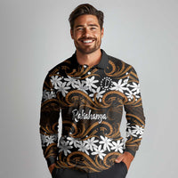 Personalised Cook Islands Rakahanga Long Sleeve Polo Shirt Tiare Maori Polynesian Waves Tattoo