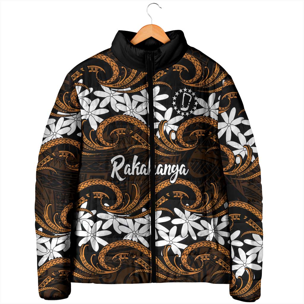 Personalised Cook Islands Rakahanga Padded Jacket Tiare Maori Polynesian Waves Tattoo