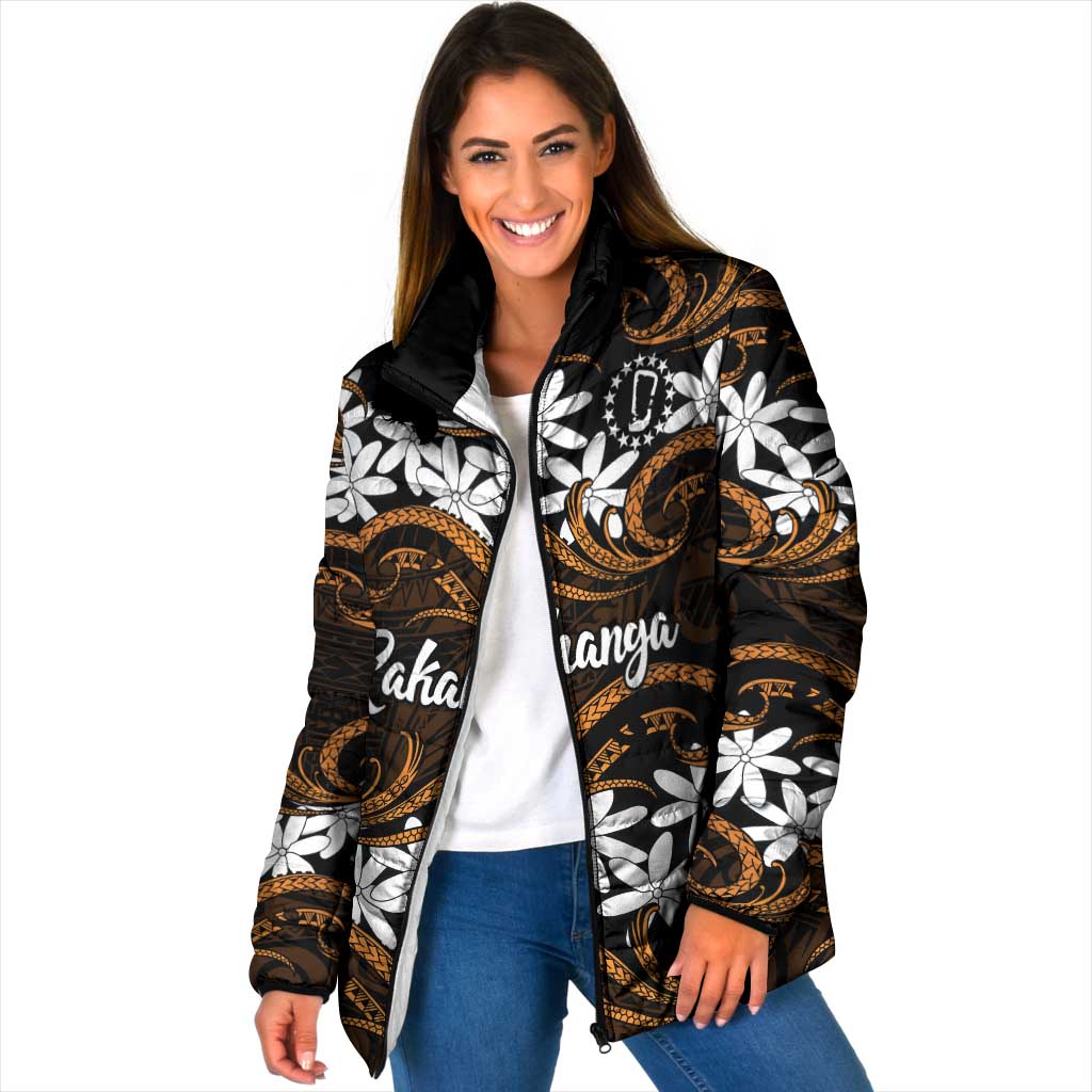Personalised Cook Islands Rakahanga Padded Jacket Tiare Maori Polynesian Waves Tattoo