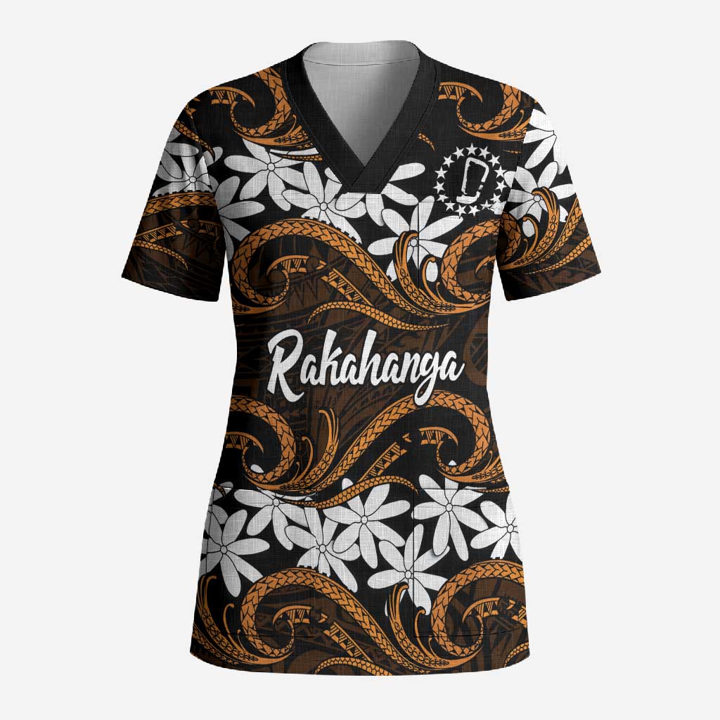 Personalised Cook Islands Rakahanga Scrub Top Tiare Maori Polynesian Waves Tattoo
