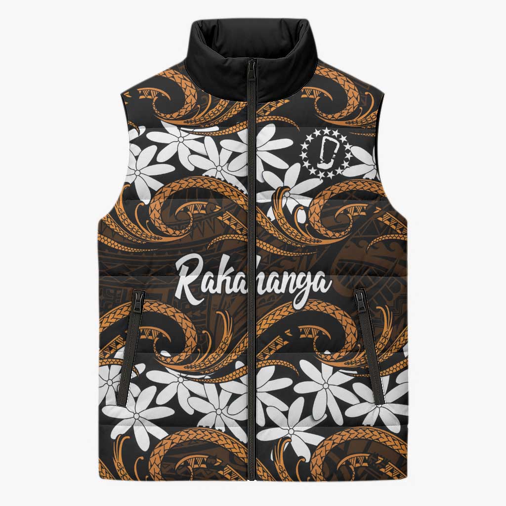 Personalised Cook Islands Rakahanga Sleeveless Puffer Jacket Tiare Maori Polynesian Waves Tattoo