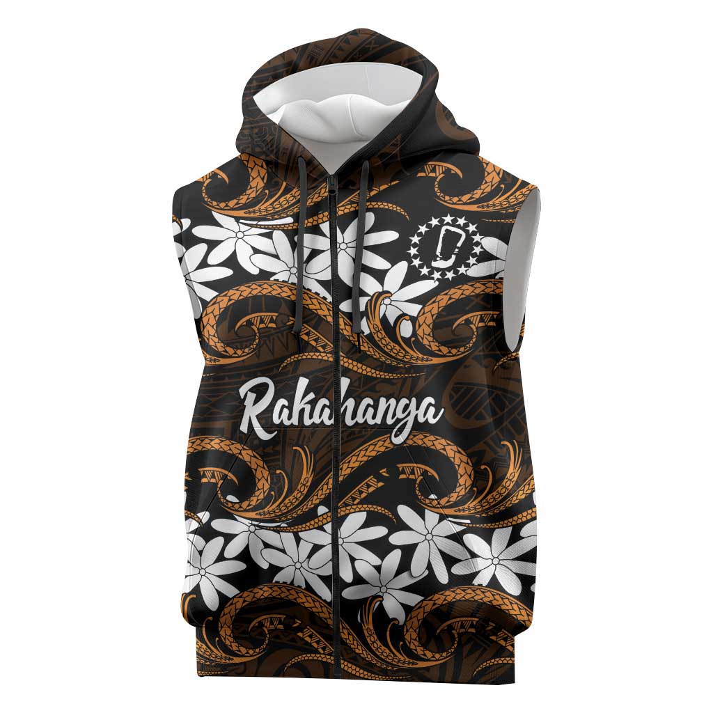 Personalised Cook Islands Rakahanga Sleeveless Zip Hoodie Tiare Maori Polynesian Waves Tattoo