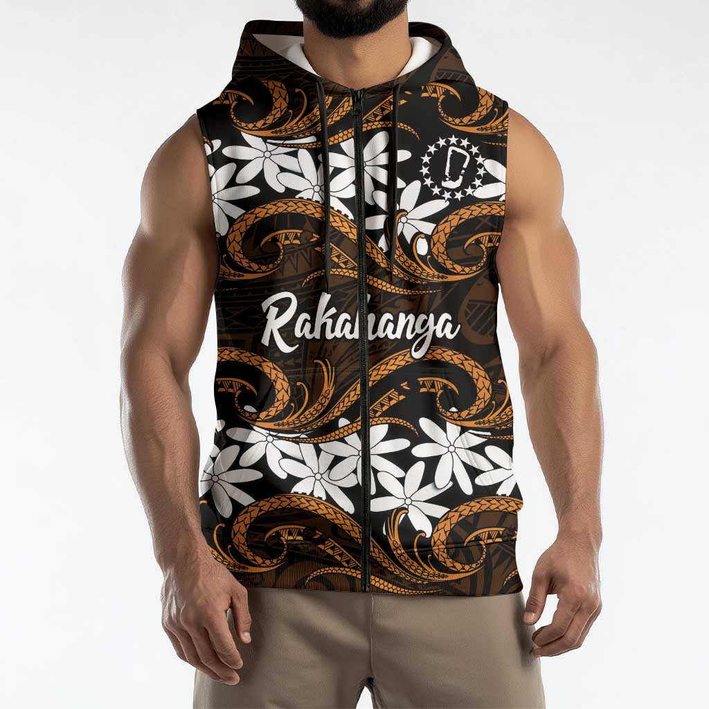 Personalised Cook Islands Rakahanga Sleeveless Zip Hoodie Tiare Maori Polynesian Waves Tattoo