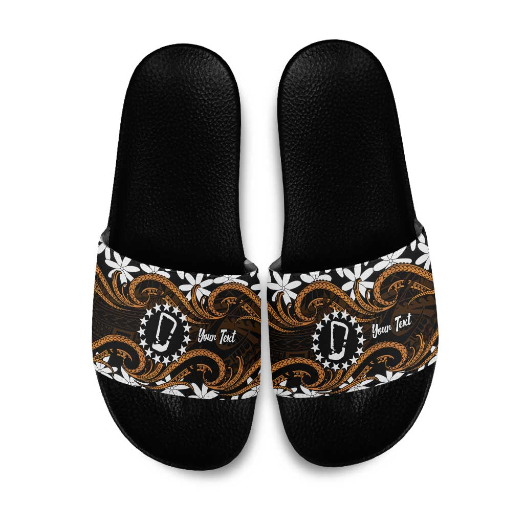 Personalised Cook Islands Rakahanga Slide Sandals Tiare Maori Polynesian Waves Tattoo