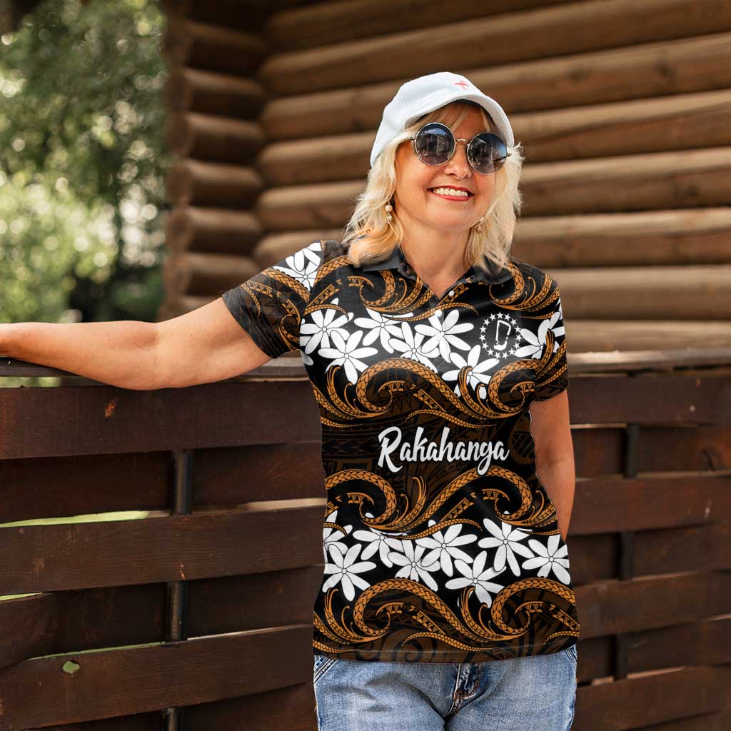 Personalised Cook Islands Rakahanga Women Polo Shirt Tiare Maori Polynesian Waves Tattoo