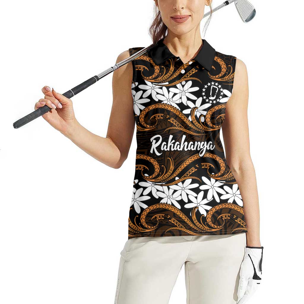 Personalised Cook Islands Rakahanga Women Sleeveless Polo Shirt Tiare Maori Polynesian Waves Tattoo