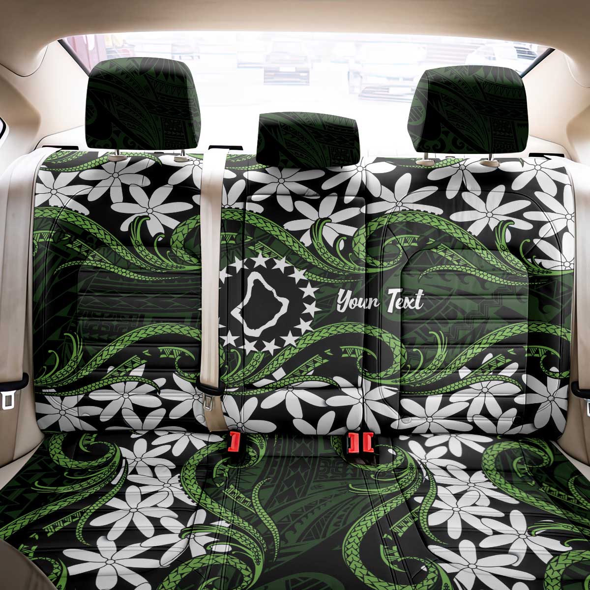 Personalised Cook Islands Palmerston Back Car Seat Cover Tiare Maori Polynesian Waves Tattoo