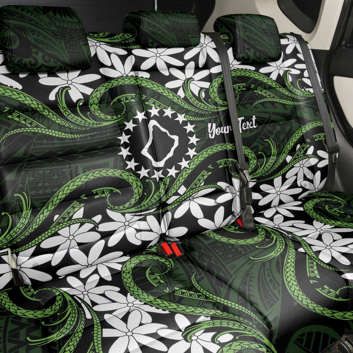 Personalised Cook Islands Palmerston Back Car Seat Cover Tiare Maori Polynesian Waves Tattoo