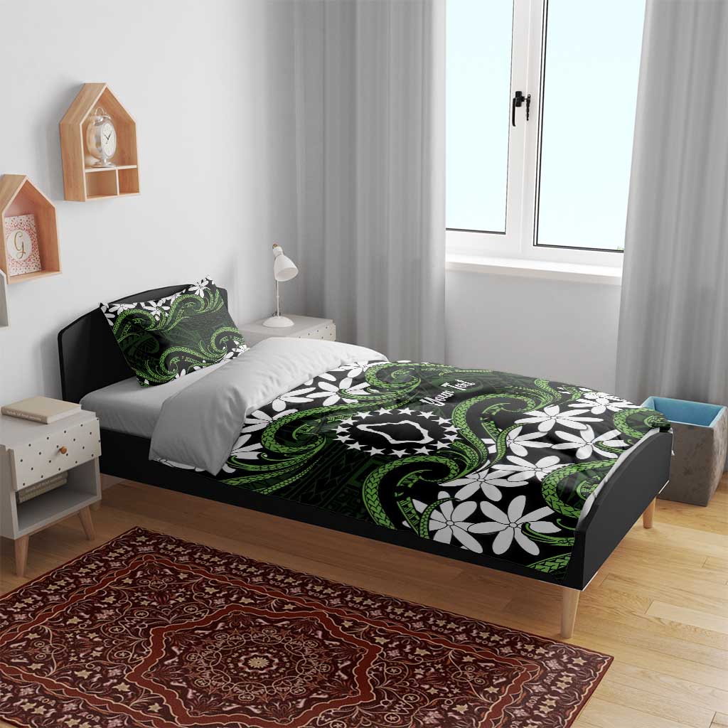 Personalised Cook Islands Palmerston Bedding Set Tiare Maori Polynesian Waves Tattoo