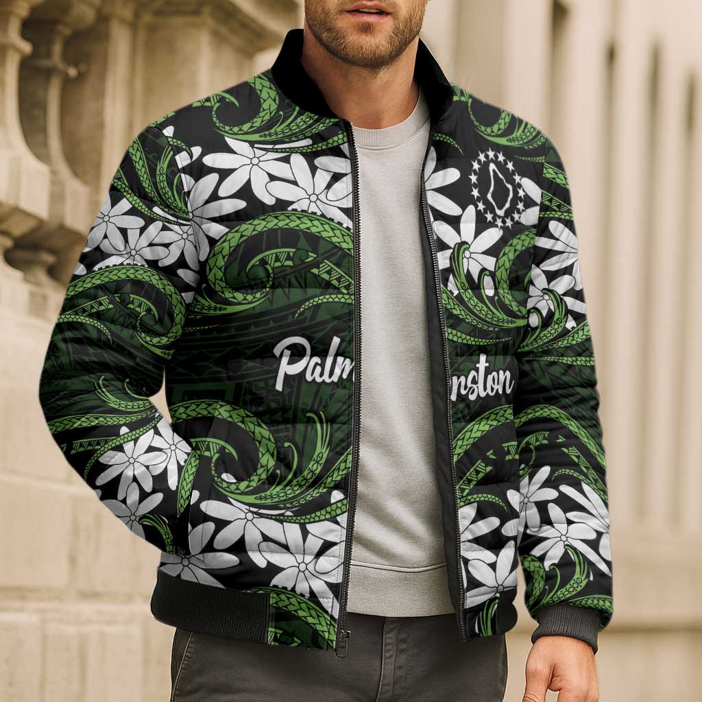 Personalised Cook Islands Palmerston Bomber Puffer Jacket Tiare Maori Polynesian Waves Tattoo