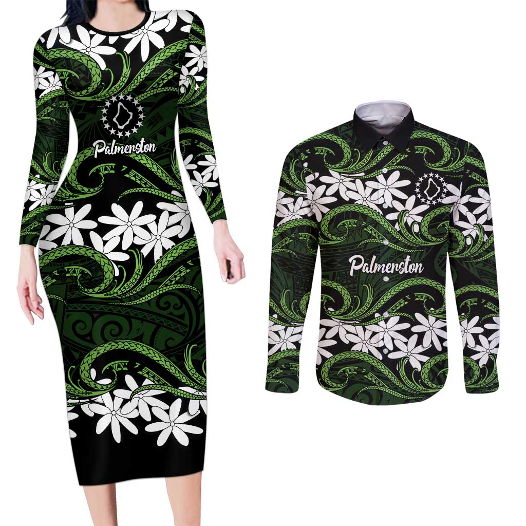 Personalised Cook Islands Palmerston Couples Matching Long Sleeve Bodycon Dress and Long Sleeve Button Shirt Tiare Maori Polynesian Waves Tattoo