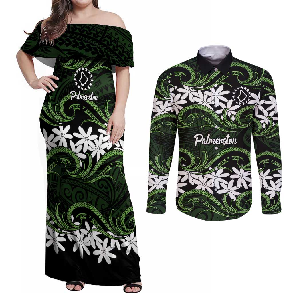 Personalised Cook Islands Palmerston Couples Matching Off Shoulder Maxi Dress and Long Sleeve Button Shirt Tiare Maori Polynesian Waves Tattoo