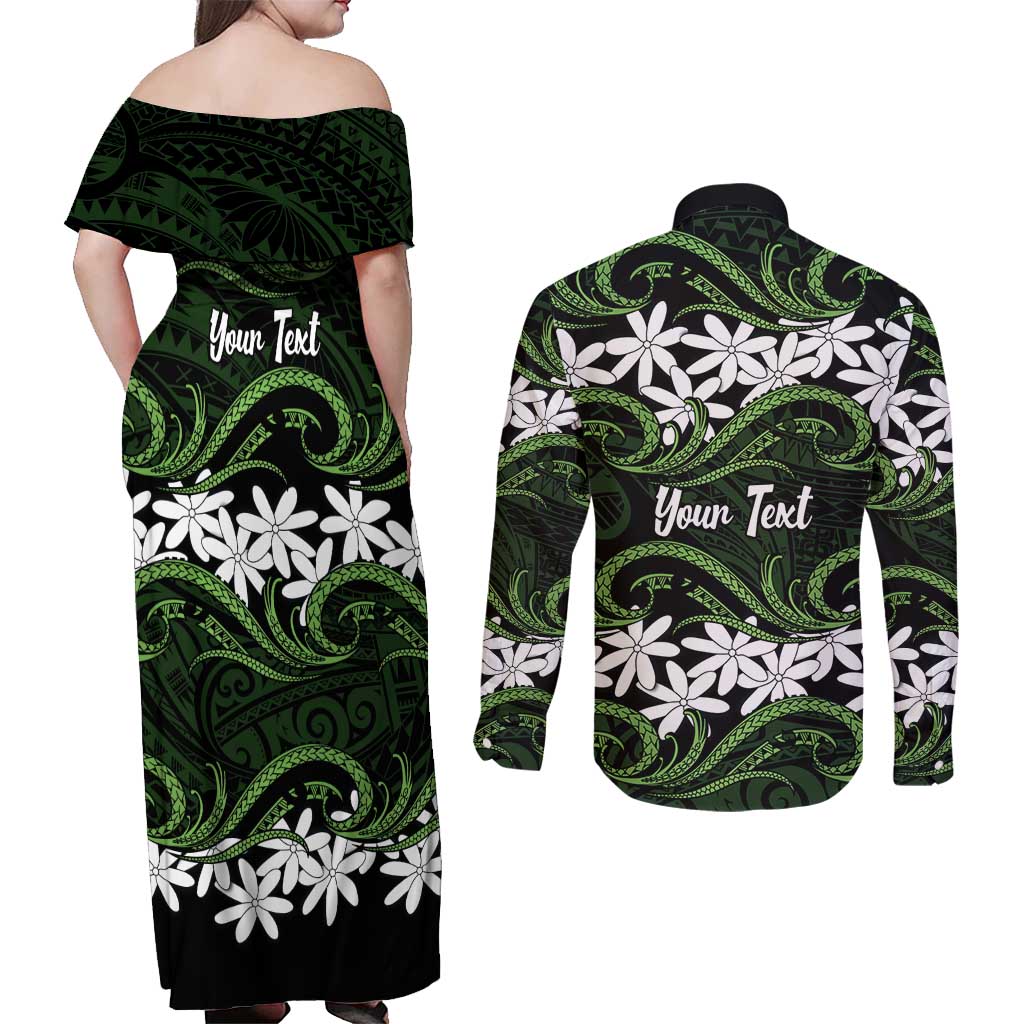 Personalised Cook Islands Palmerston Couples Matching Off Shoulder Maxi Dress and Long Sleeve Button Shirt Tiare Maori Polynesian Waves Tattoo