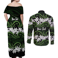 Personalised Cook Islands Palmerston Couples Matching Off Shoulder Maxi Dress and Long Sleeve Button Shirt Tiare Maori Polynesian Waves Tattoo