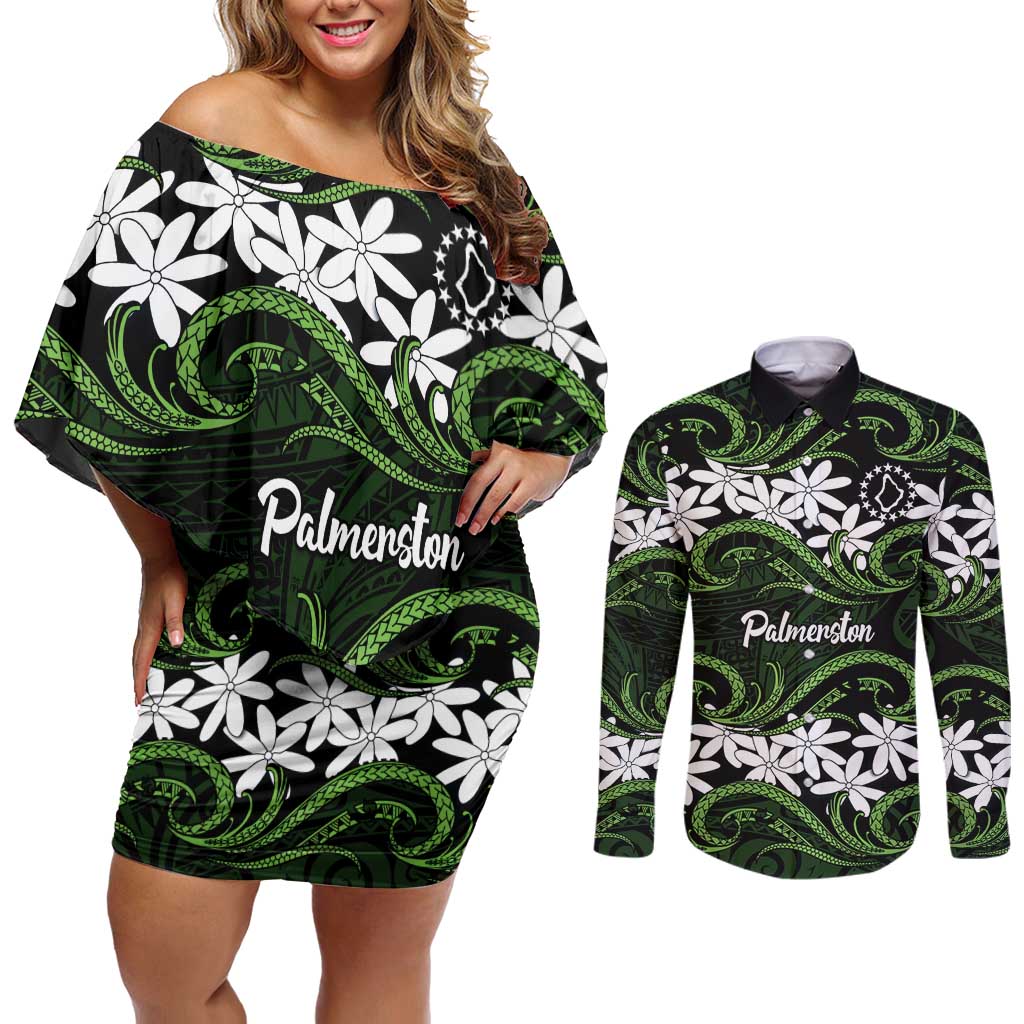 Personalised Cook Islands Palmerston Couples Matching Off Shoulder Short Dress and Long Sleeve Button Shirt Tiare Maori Polynesian Waves Tattoo