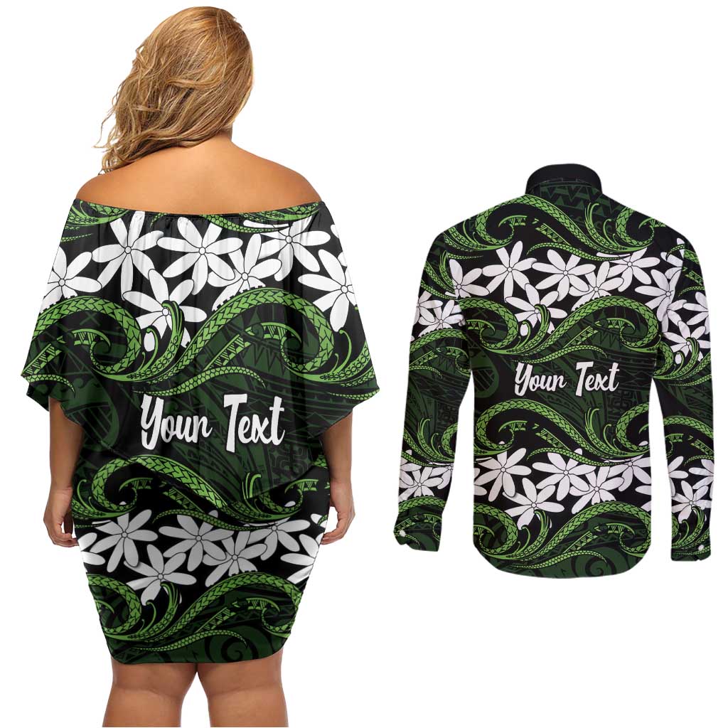 Personalised Cook Islands Palmerston Couples Matching Off Shoulder Short Dress and Long Sleeve Button Shirt Tiare Maori Polynesian Waves Tattoo
