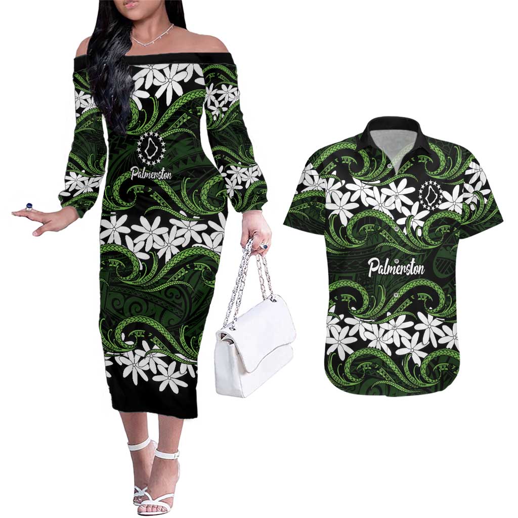Personalised Cook Islands Palmerston Couples Matching Off The Shoulder Long Sleeve Dress and Hawaiian Shirt Tiare Maori Polynesian Waves Tattoo LT14 Green - Polynesian Pride