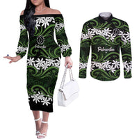 Personalised Cook Islands Palmerston Couples Matching Off The Shoulder Long Sleeve Dress and Long Sleeve Button Shirt Tiare Maori Polynesian Waves Tattoo LT14 Green - Polynesian Pride