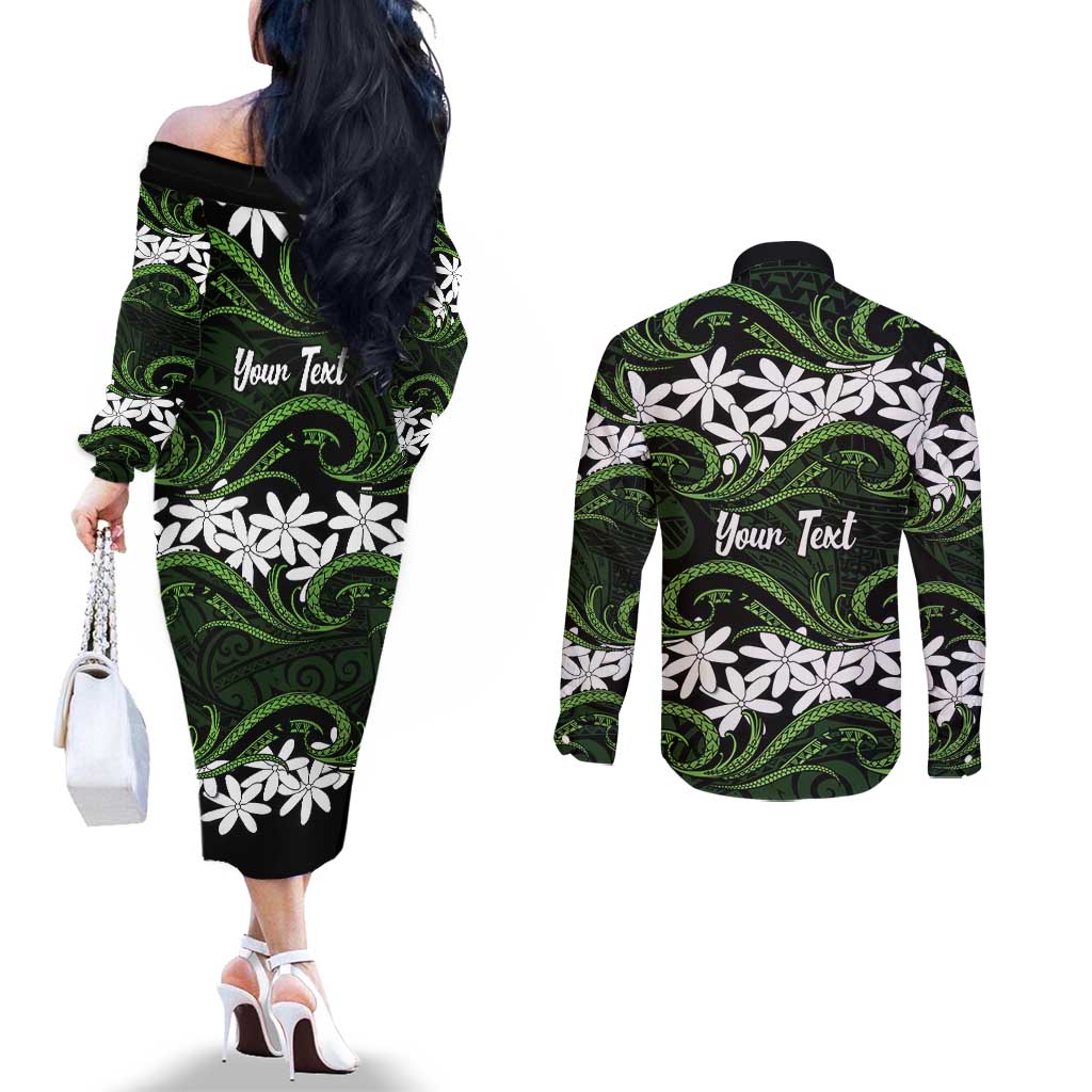 Personalised Cook Islands Palmerston Couples Matching Off The Shoulder Long Sleeve Dress and Long Sleeve Button Shirt Tiare Maori Polynesian Waves Tattoo LT14 - Polynesian Pride