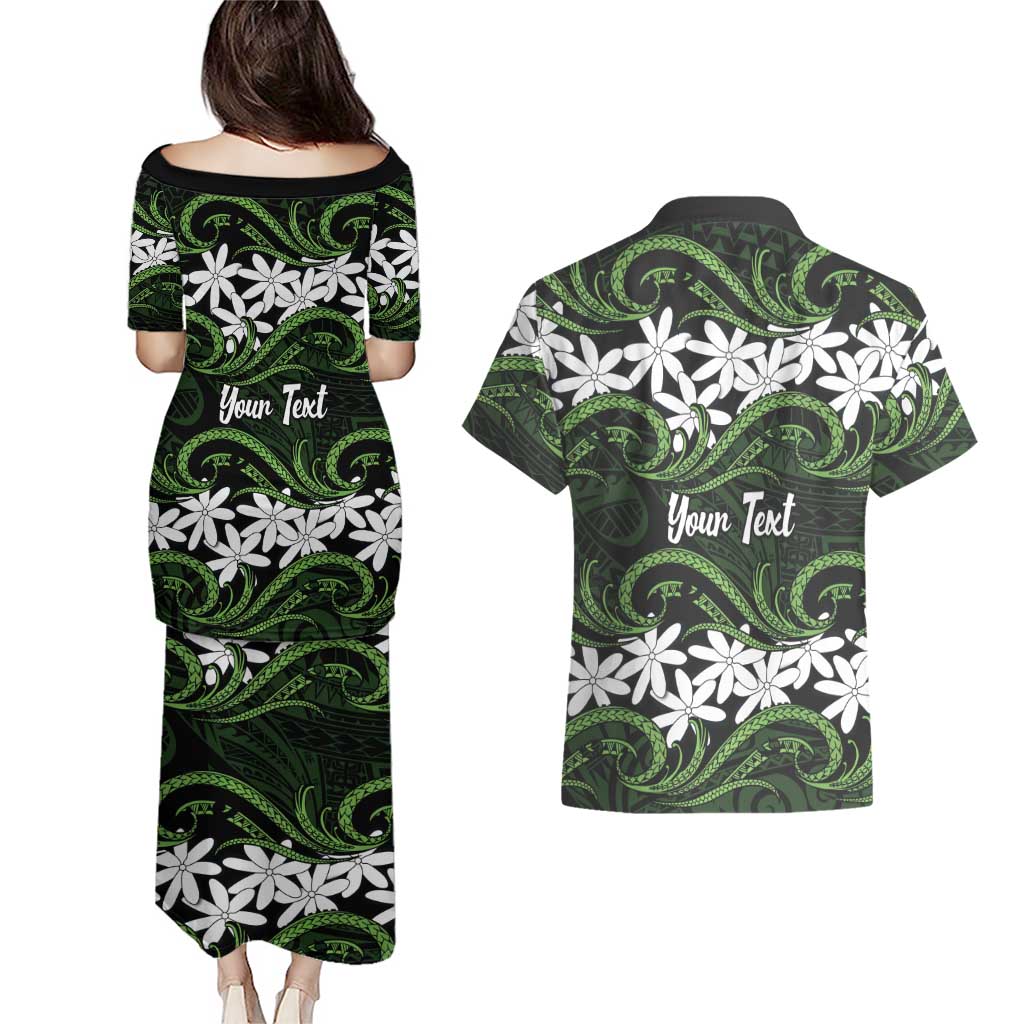 Personalised Cook Islands Palmerston Couples Matching Puletasi and Hawaiian Shirt Tiare Maori Polynesian Waves Tattoo