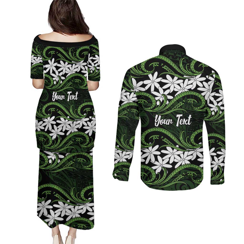 Personalised Cook Islands Palmerston Couples Matching Puletasi and Long Sleeve Button Shirt Tiare Maori Polynesian Waves Tattoo