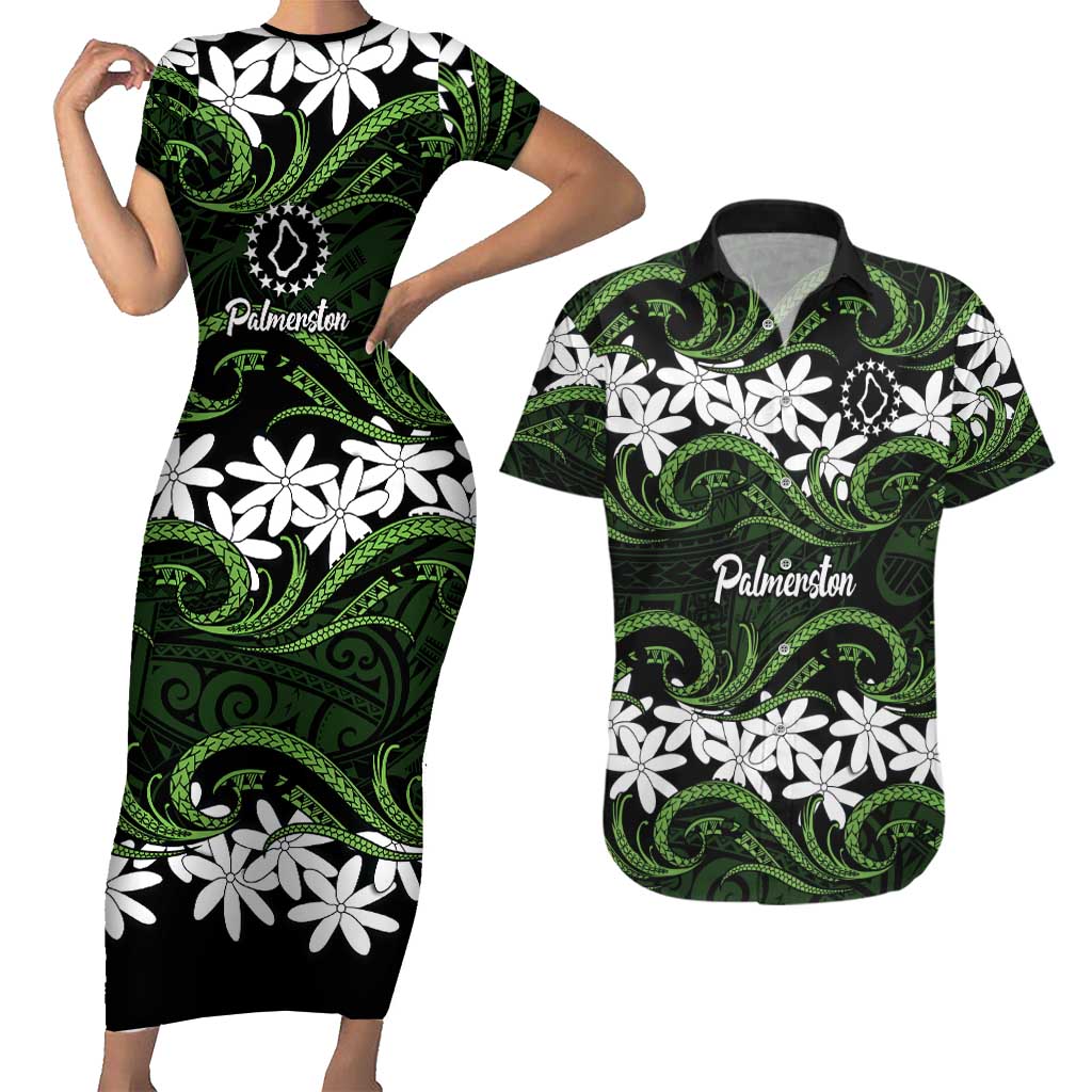 Personalised Cook Islands Palmerston Couples Matching Short Sleeve Bodycon Dress and Hawaiian Shirt Tiare Maori Polynesian Waves Tattoo