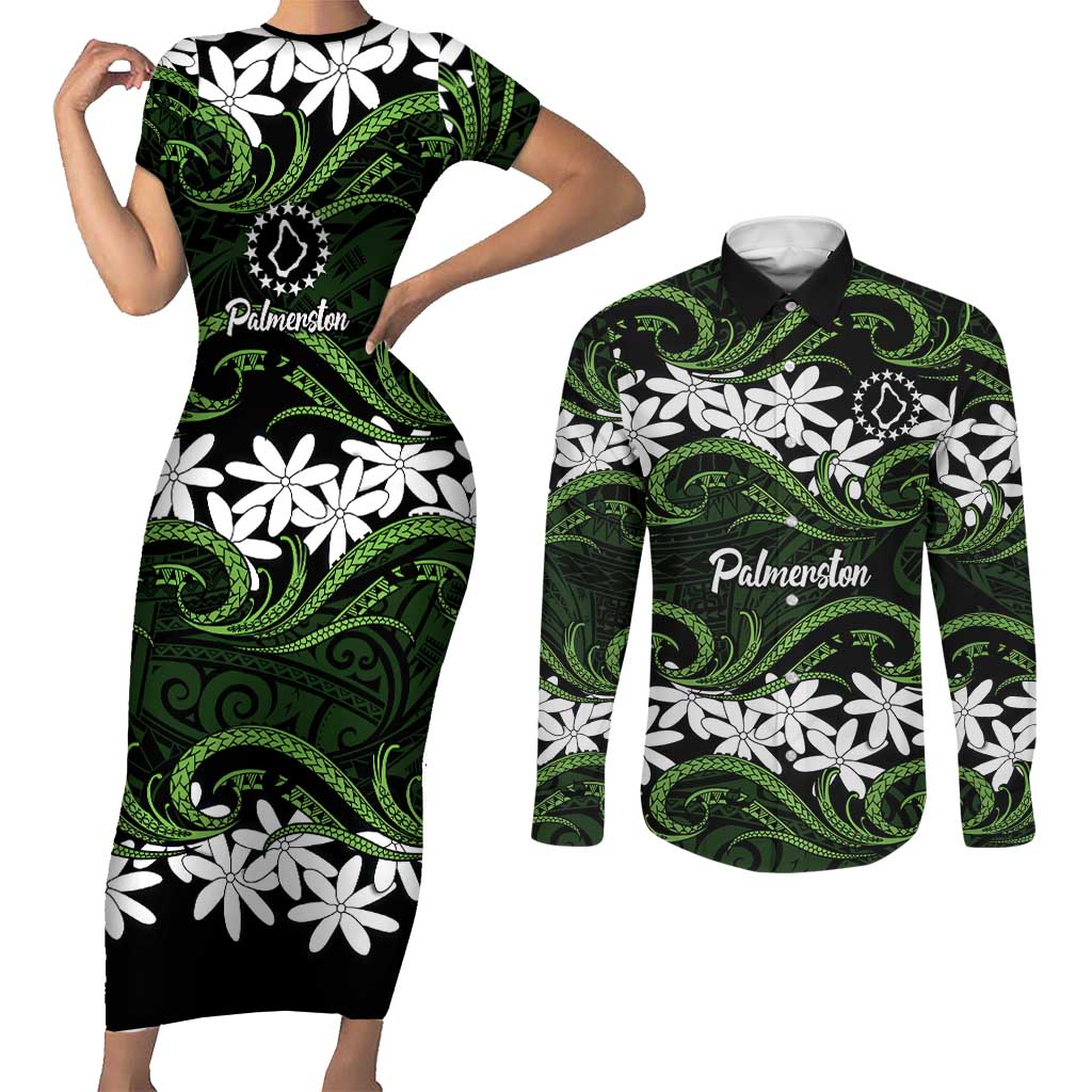 Personalised Cook Islands Palmerston Couples Matching Short Sleeve Bodycon Dress and Long Sleeve Button Shirt Tiare Maori Polynesian Waves Tattoo