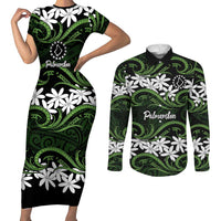 Personalised Cook Islands Palmerston Couples Matching Short Sleeve Bodycon Dress and Long Sleeve Button Shirt Tiare Maori Polynesian Waves Tattoo