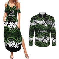 Personalised Cook Islands Palmerston Couples Matching Summer Maxi Dress and Long Sleeve Button Shirt Tiare Maori Polynesian Waves Tattoo