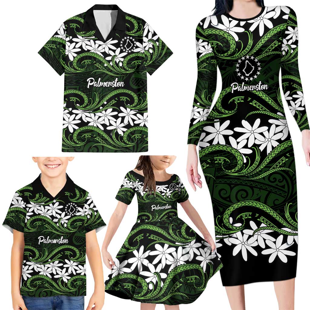Personalised Cook Islands Palmerston Family Matching Long Sleeve Bodycon Dress and Hawaiian Shirt Tiare Maori Polynesian Waves Tattoo