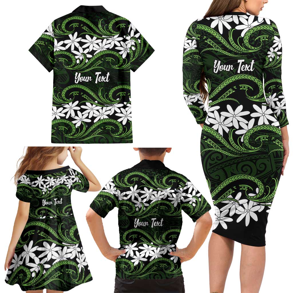 Personalised Cook Islands Palmerston Family Matching Long Sleeve Bodycon Dress and Hawaiian Shirt Tiare Maori Polynesian Waves Tattoo LT14 - Polynesian Pride