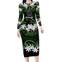 Personalised Cook Islands Palmerston Family Matching Long Sleeve Bodycon Dress and Hawaiian Shirt Tiare Maori Polynesian Waves Tattoo LT14 Mom's Dress Green - Polynesian Pride