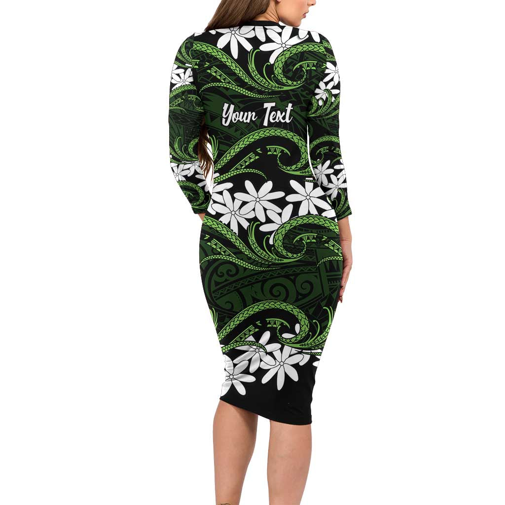 Personalised Cook Islands Palmerston Family Matching Long Sleeve Bodycon Dress and Hawaiian Shirt Tiare Maori Polynesian Waves Tattoo LT14 - Polynesian Pride