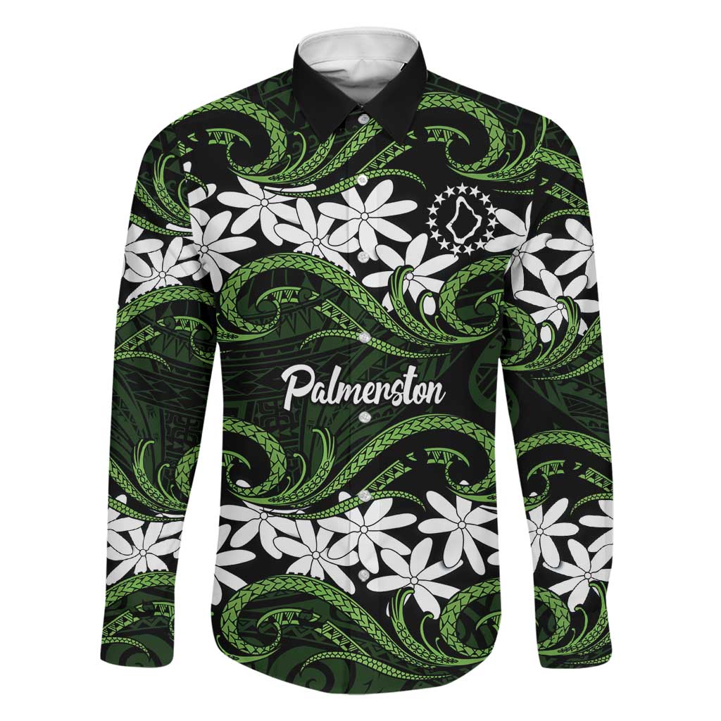 Personalised Cook Islands Palmerston Family Matching Mermaid Dress and Hawaiian Shirt Tiare Maori Polynesian Waves Tattoo LT14 Dad's Shirt - Long Sleeve Green - Polynesian Pride