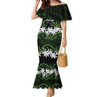 Personalised Cook Islands Palmerston Family Matching Mermaid Dress and Hawaiian Shirt Tiare Maori Polynesian Waves Tattoo LT14 Mom's Dress Green - Polynesian Pride