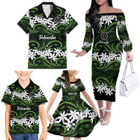 Personalised Cook Islands Palmerston Family Matching Off The Shoulder Long Sleeve Dress and Hawaiian Shirt Tiare Maori Polynesian Waves Tattoo LT14 - Polynesian Pride