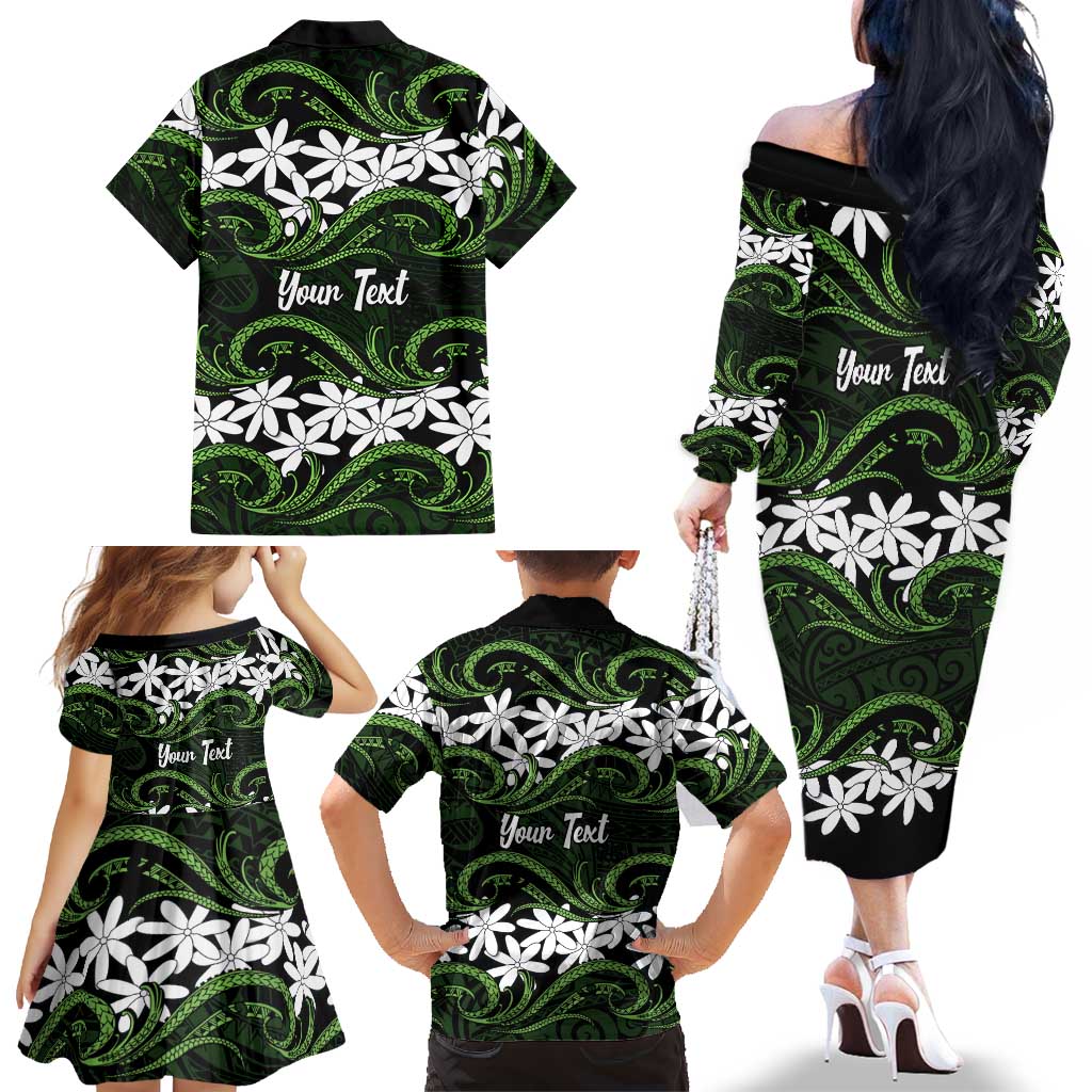 Personalised Cook Islands Palmerston Family Matching Off The Shoulder Long Sleeve Dress and Hawaiian Shirt Tiare Maori Polynesian Waves Tattoo LT14 - Polynesian Pride
