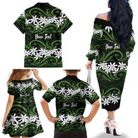 Personalised Cook Islands Palmerston Family Matching Off The Shoulder Long Sleeve Dress and Hawaiian Shirt Tiare Maori Polynesian Waves Tattoo LT14 - Polynesian Pride