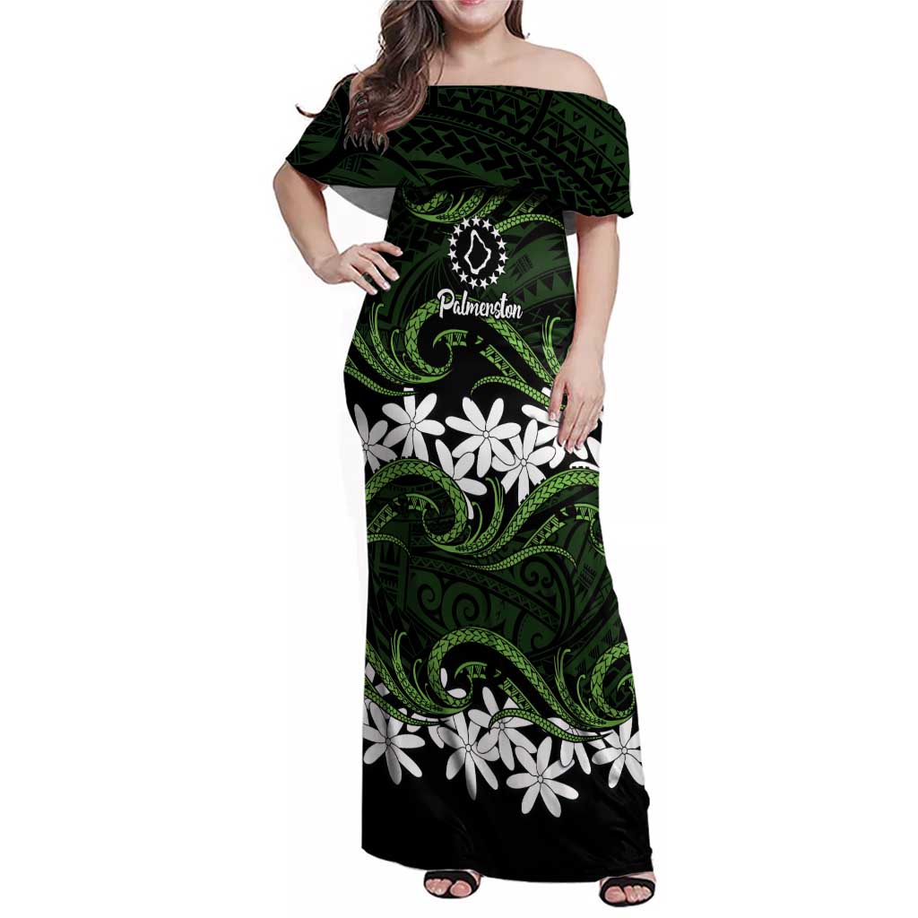 Personalised Cook Islands Palmerston Family Matching Off Shoulder Maxi Dress and Hawaiian Shirt Tiare Maori Polynesian Waves Tattoo LT14 Mom's Dress Green - Polynesian Pride