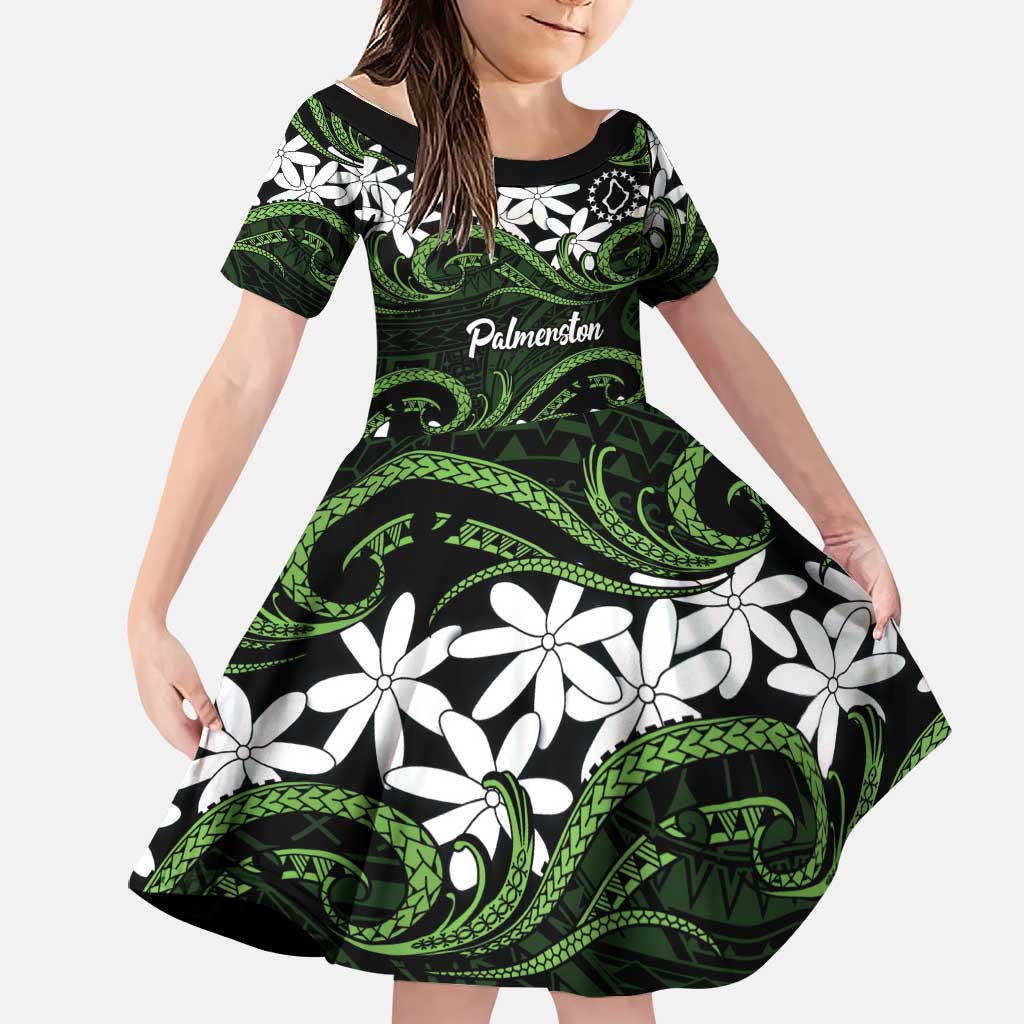 Personalised Cook Islands Palmerston Family Matching Off Shoulder Short Dress and Hawaiian Shirt Tiare Maori Polynesian Waves Tattoo LT14 Daughter's Dress Green - Polynesian Pride