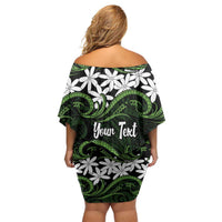 Personalised Cook Islands Palmerston Family Matching Off Shoulder Short Dress and Hawaiian Shirt Tiare Maori Polynesian Waves Tattoo LT14 - Polynesian Pride