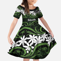 Personalised Cook Islands Palmerston Family Matching Puletasi and Hawaiian Shirt Tiare Maori Polynesian Waves Tattoo LT14 Daughter's Dress Green - Polynesian Pride