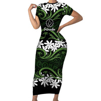 Personalised Cook Islands Palmerston Family Matching Short Sleeve Bodycon Dress and Hawaiian Shirt Tiare Maori Polynesian Waves Tattoo LT14 Mom's Dress Green - Polynesian Pride