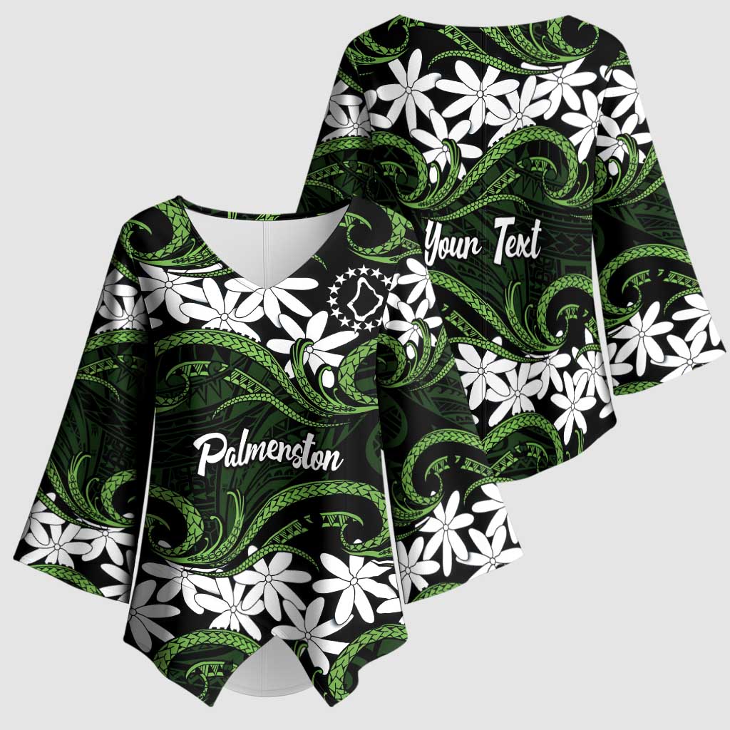 Personalised Cook Islands Palmerston Kimono Sleeve Blouse Tiare Maori Polynesian Waves Tattoo