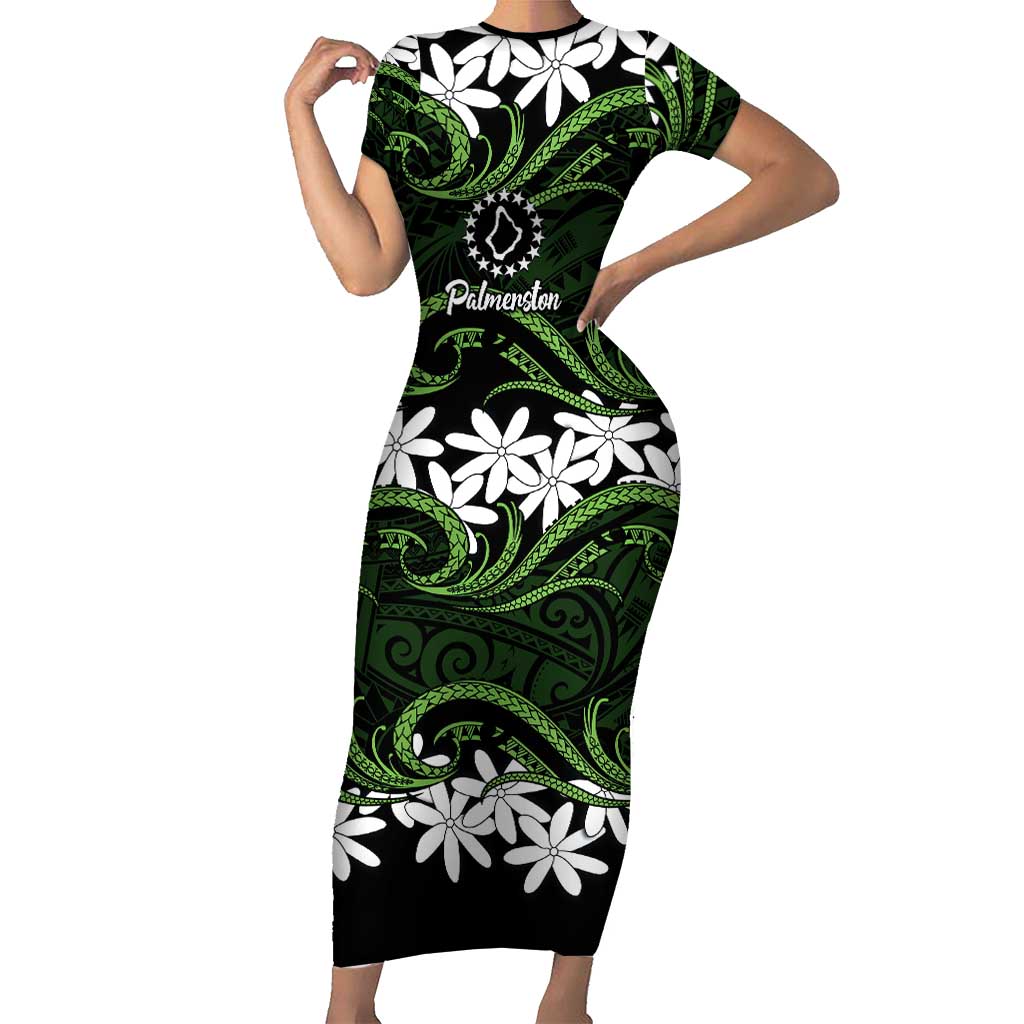 Personalised Cook Islands Palmerston Short Sleeve Bodycon Dress Tiare Maori Polynesian Waves Tattoo