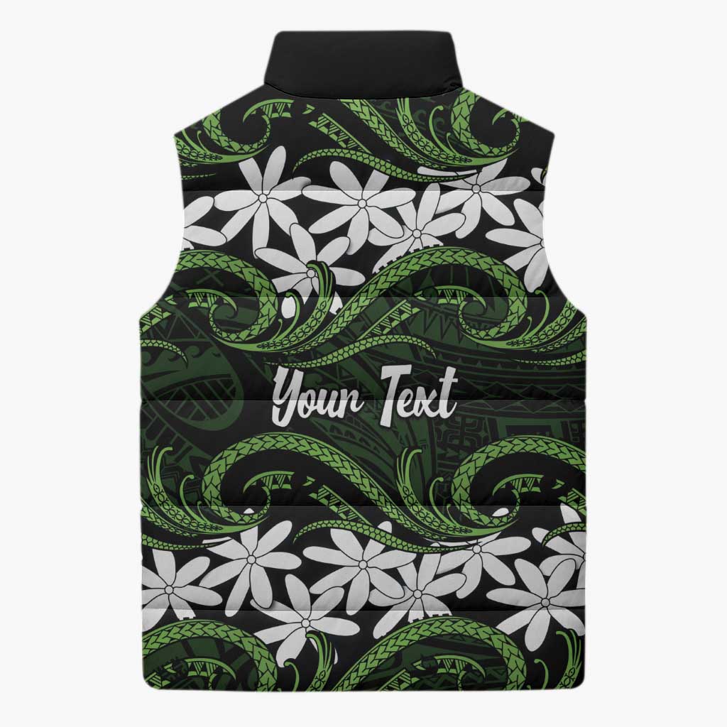 Personalised Cook Islands Palmerston Sleeveless Puffer Jacket Tiare Maori Polynesian Waves Tattoo
